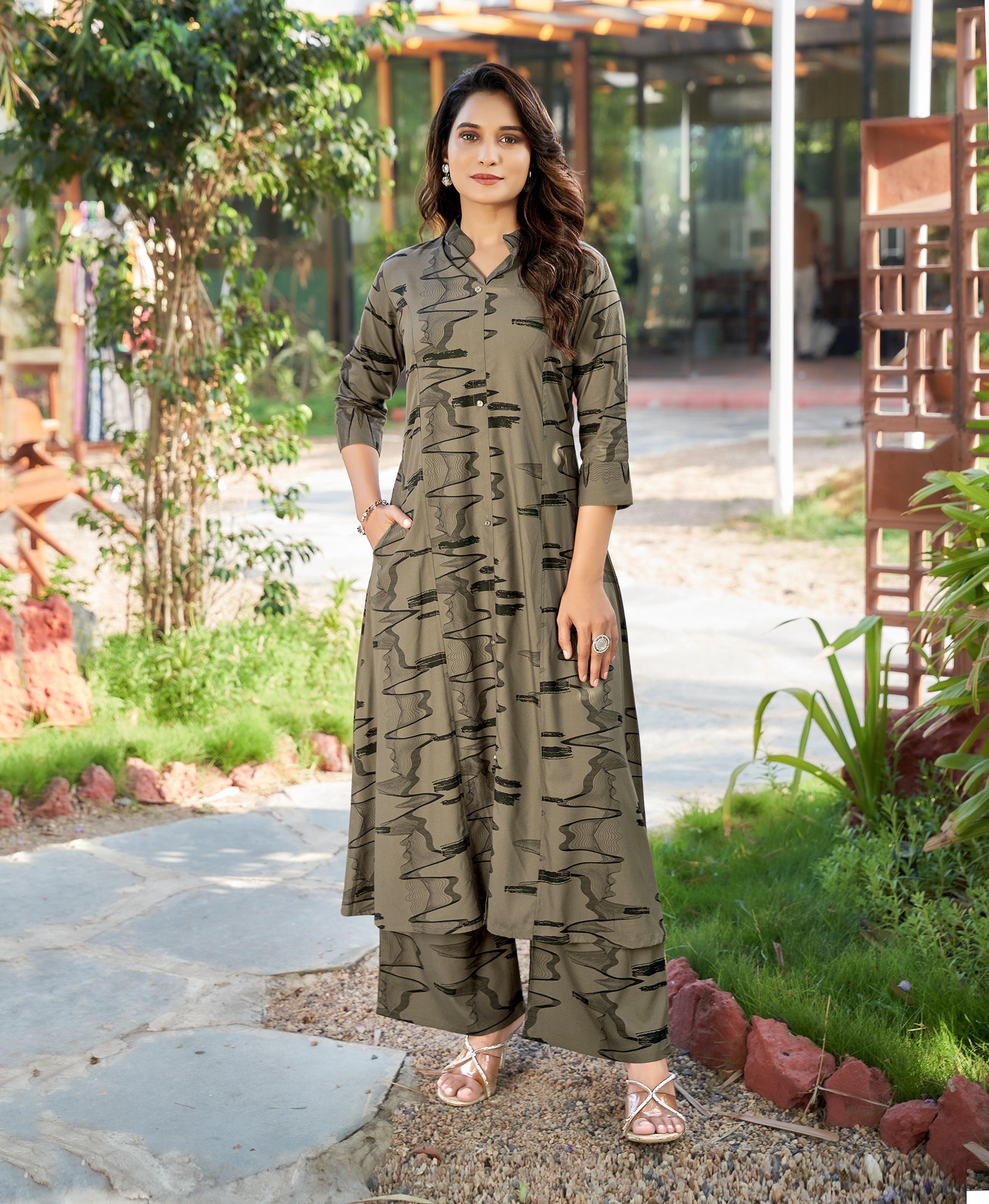 Khaki Rayon Blend Abstract Print A-line Top with Full Length Abstract Print Palazzo Co-Ord Set
